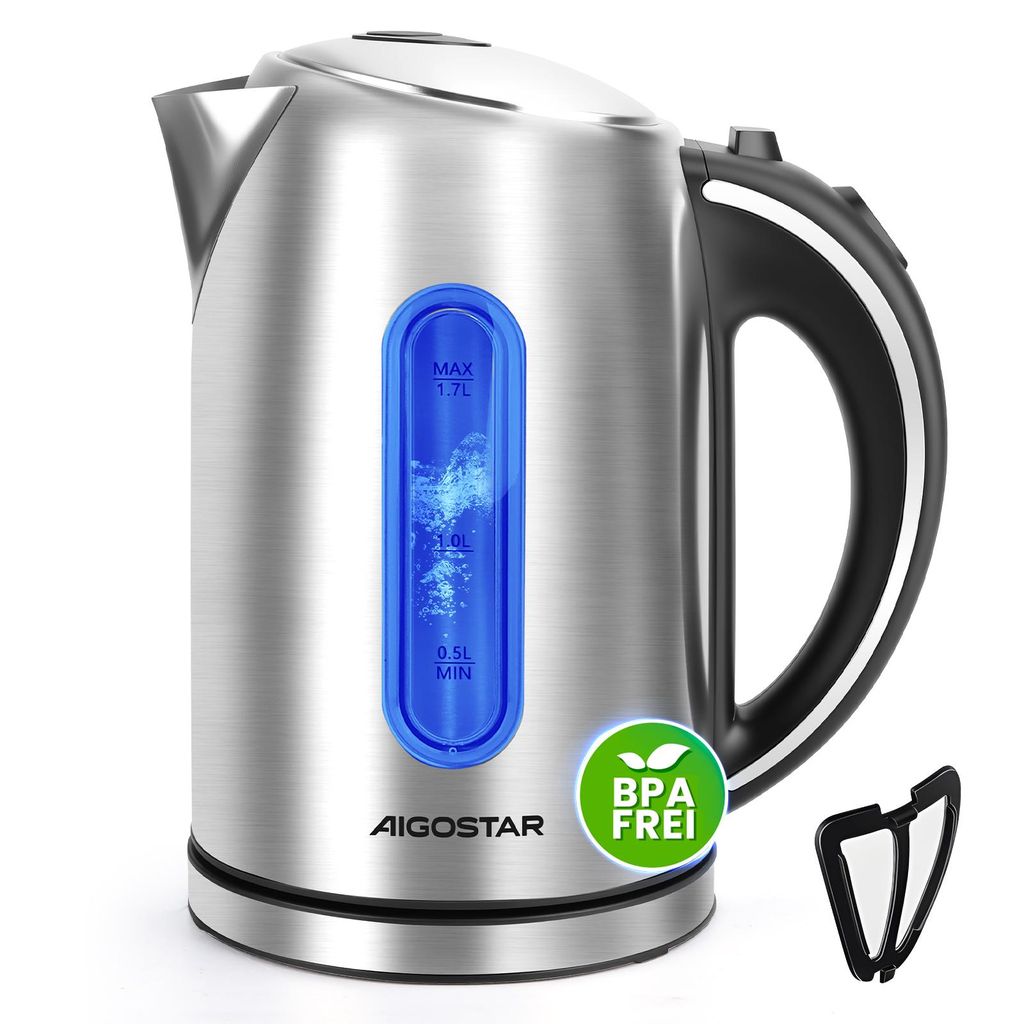 A stainless steel electric kettle with a blue illuminated water level indicator and a black handle, shown on a white background. A small black filter accessory is placed to the right of the kettle.