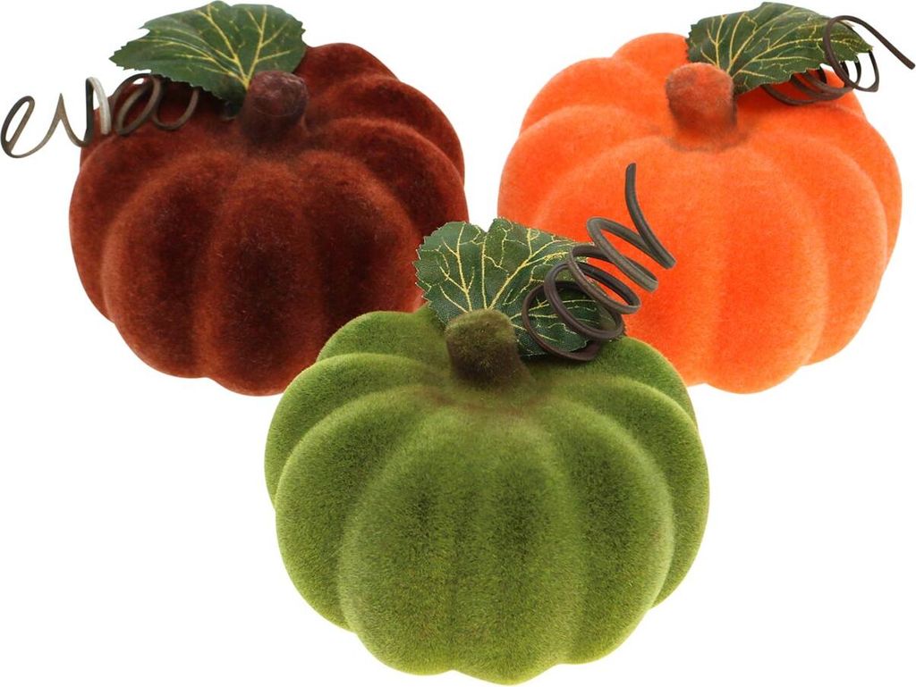 Mini-Kürbis beflockt Set 6St Ø9cm in Trendfarben Neon-Orange, Moosgrün, Rooibos-Rot - Herbstdeko/Halloween, 6 Stück