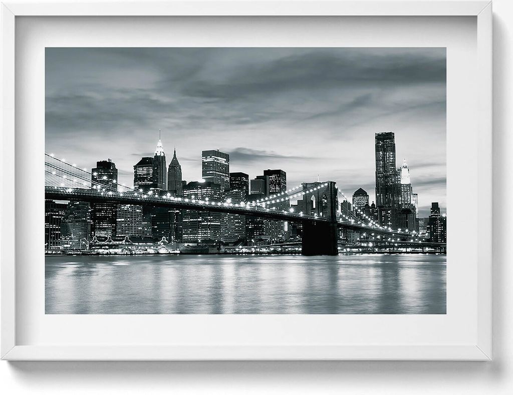 Brooklyn Bridge - Skyline von New York– Wandbild mit Rahmen – Gerahmtes Bild – Wanddekoration – 70x50 cm – Weiß Rahmen