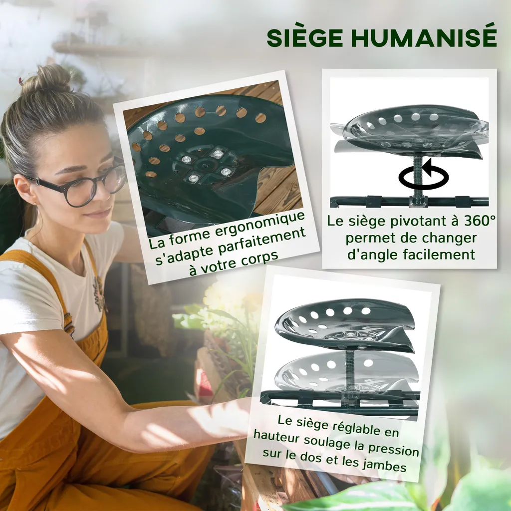 Siège roulant réglable 150 kg max avec plateau de rangement intégré