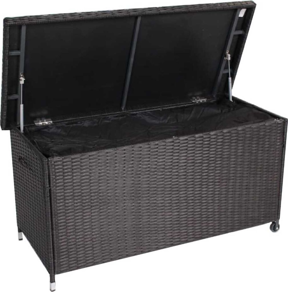 An open poly rattan storage box on a white background.