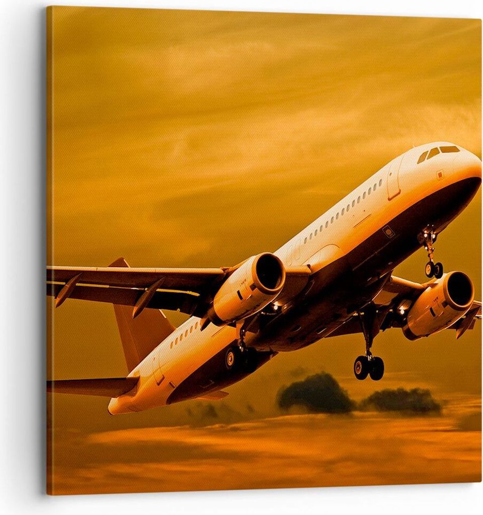 Bild auf Leinwand - Leinwandbild - Passagier Flugzeug Flugzeug Flügel - 70x70cm - Wand Bild - Wanddeko - Leinwanddruck - Bilder - Kunstdruck - Lei...