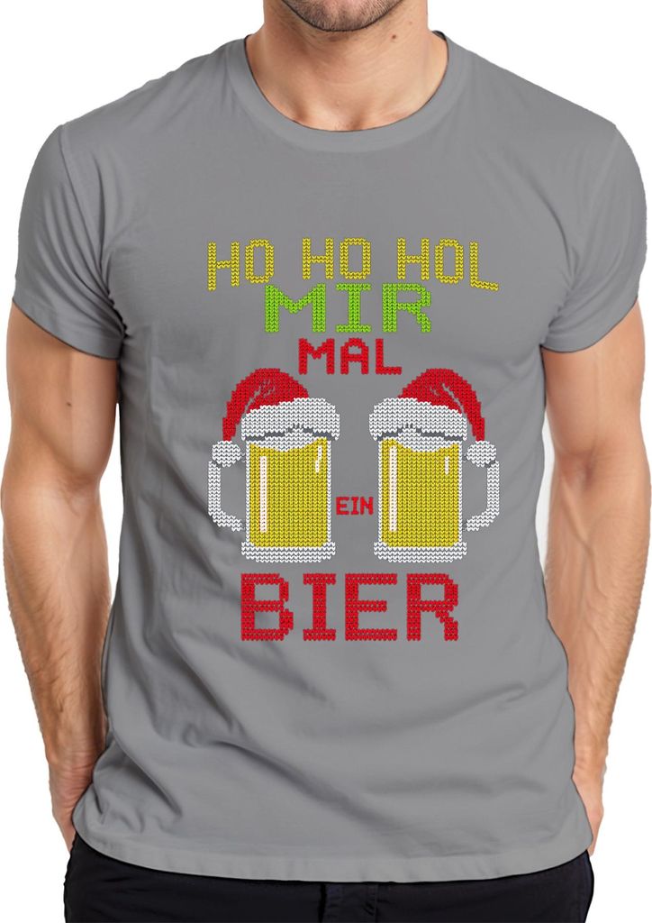 Ho Ho hol mir mal ein Bier Weihnachtsstrick Bierkrug Bierliebhabe Herren T-Shirt, Grau, XXL