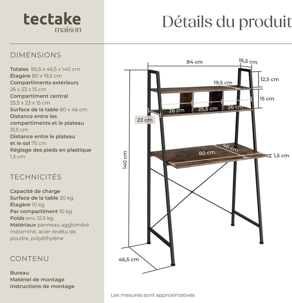 Petit bureau industriel Exeter bois foncé 85cm - Structure stable et robuste