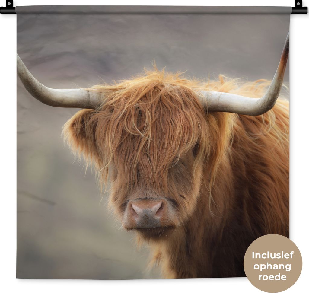 MuchoWow Wandteppich Wandbehang Schottisches Hochlandrind - Hörner - Haare 60x60 cm Tapisserie Dekoration Wandtuch - Dekorationen - Wand Decke