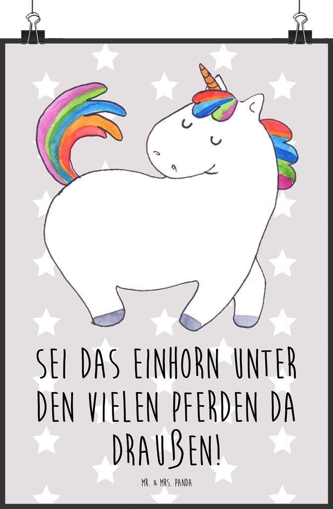Mr. & Mrs. Panda Bild Einhorn Stolzieren DIN A2 - Grau Pastell - Geschenk, wanddeko, Reiten, Unicorn, Stolz, drucke, Bunt, Einhörner, Plakat, Wand...