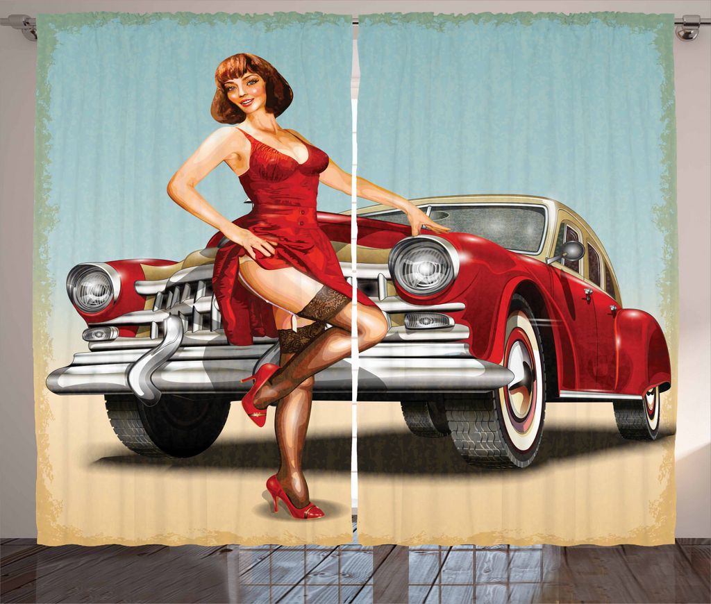 ABAKUHAUS Pin up Girl Rustikaler Vorhang, Niederländischer Haarschnitt-Stil, Wohnzimmer Universalband Gardinen mit Schlaufen und Haken, 280 x 225 ...
