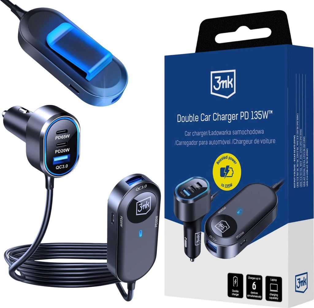 Autoladegerät für bis zu 6 Geräte – schnelles Laden von Handy und Laptop, 3mk Double Car Charger 135W PD QC PPS USB-C & USB-A