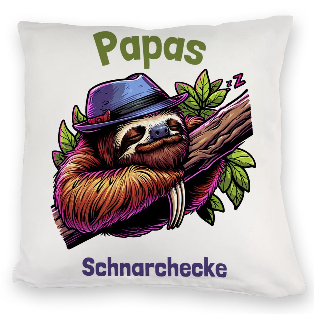Papa-Faultier mit Hut Kuschelkissen mit Spruch Papas Schnarchecke