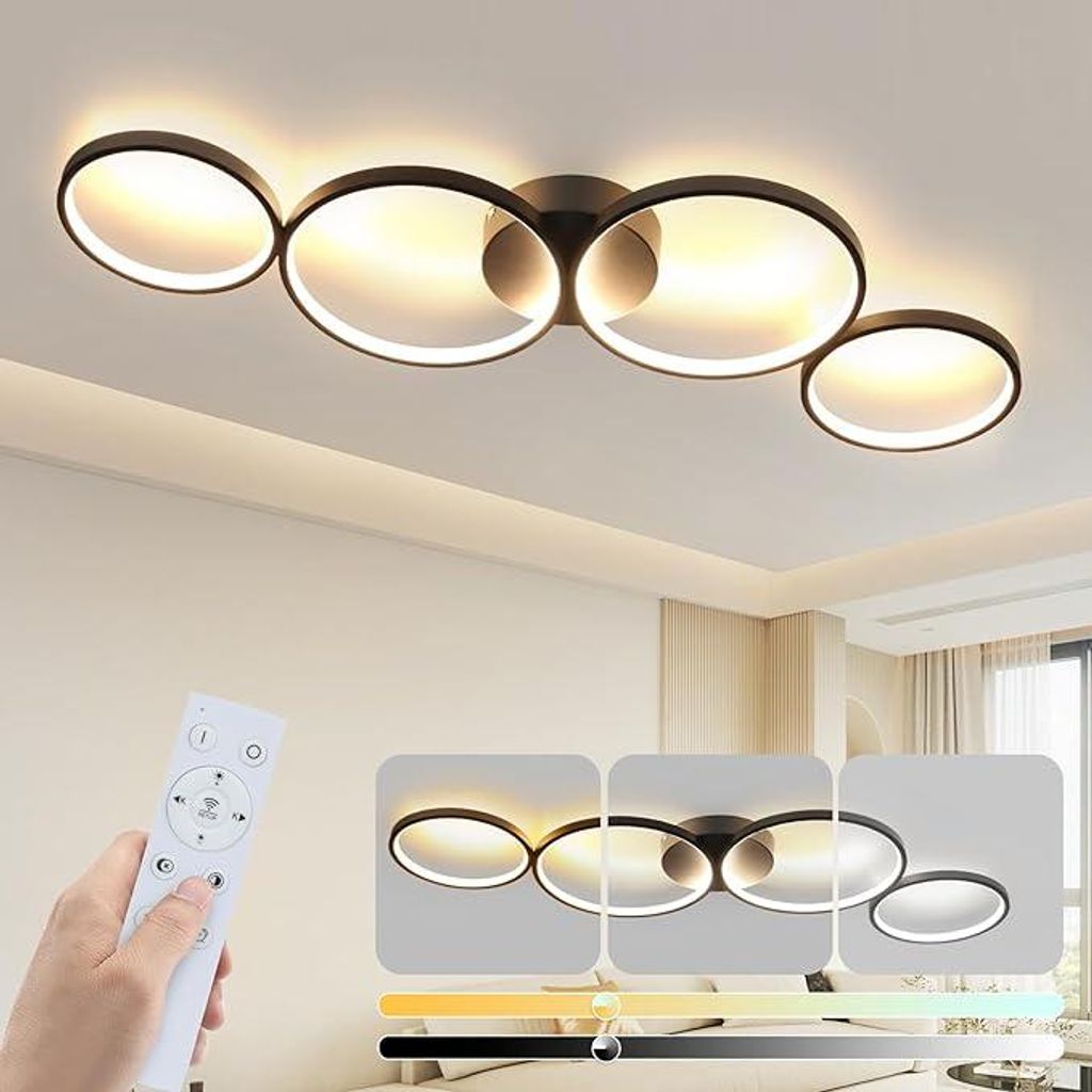 A hand holding a remote control in front of a ceiling lamp with multiple rings, with inset images showing different lighting effects.