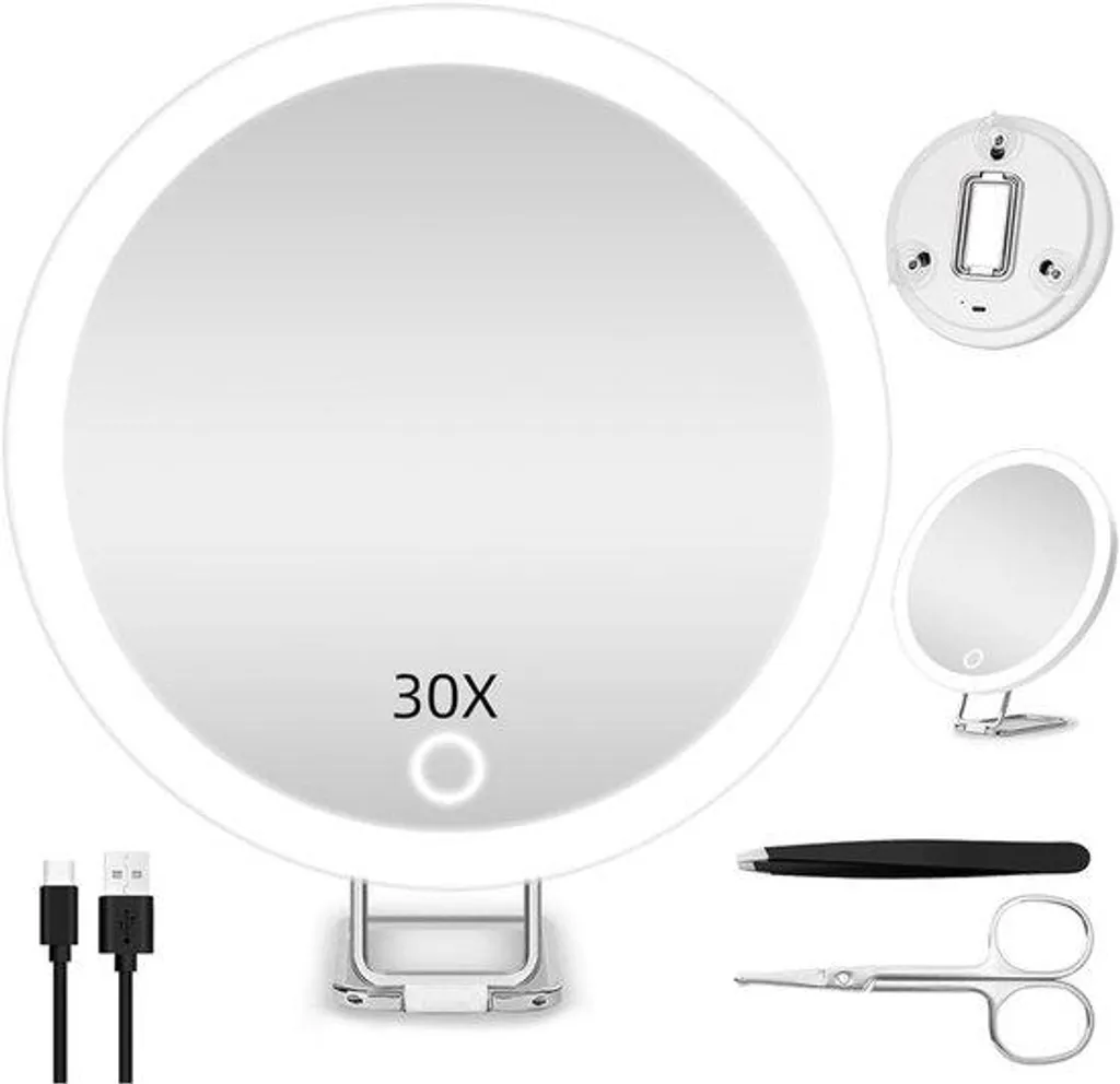 Miroir lumineux grossissant 30x et 3 modes d'éclairage LED tactile