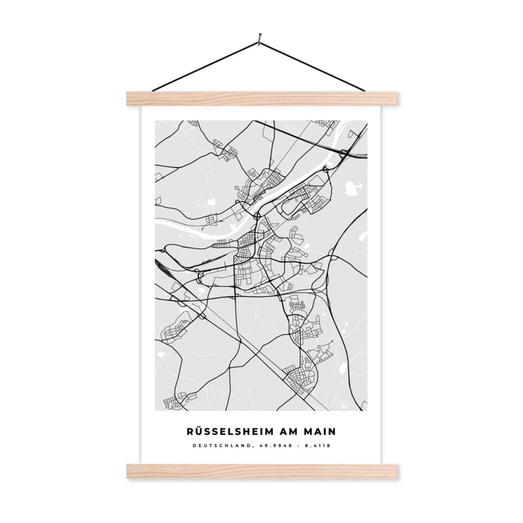 MuchoWow Textilposter Deutschland - Rüsselsheim Am Main - Karte - Stadtplan - Wegbeschreibung 60x90 cm mit holzfarbenen Rahmen - Textil