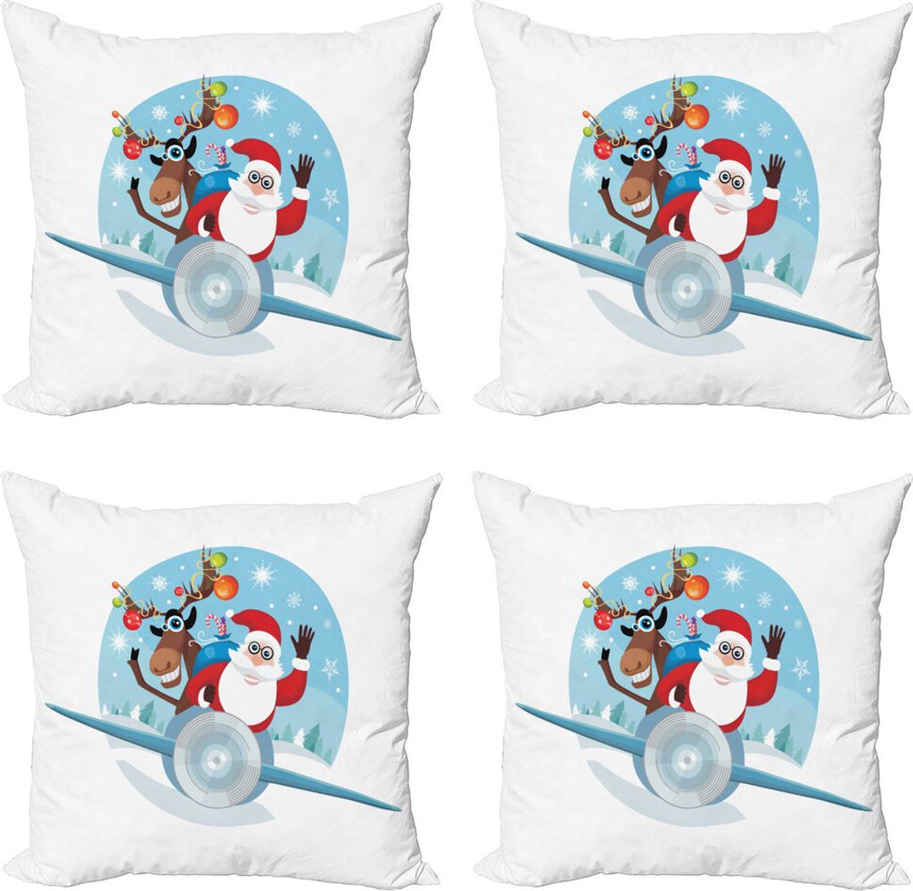 ABAKUHAUS Weihnachten Kissenbezug Set (4 Stück), Rentiere und Santa, Moderner Doppelseitiger Digitaldruck, 50 cm x 50 cm, Mehrfarbig