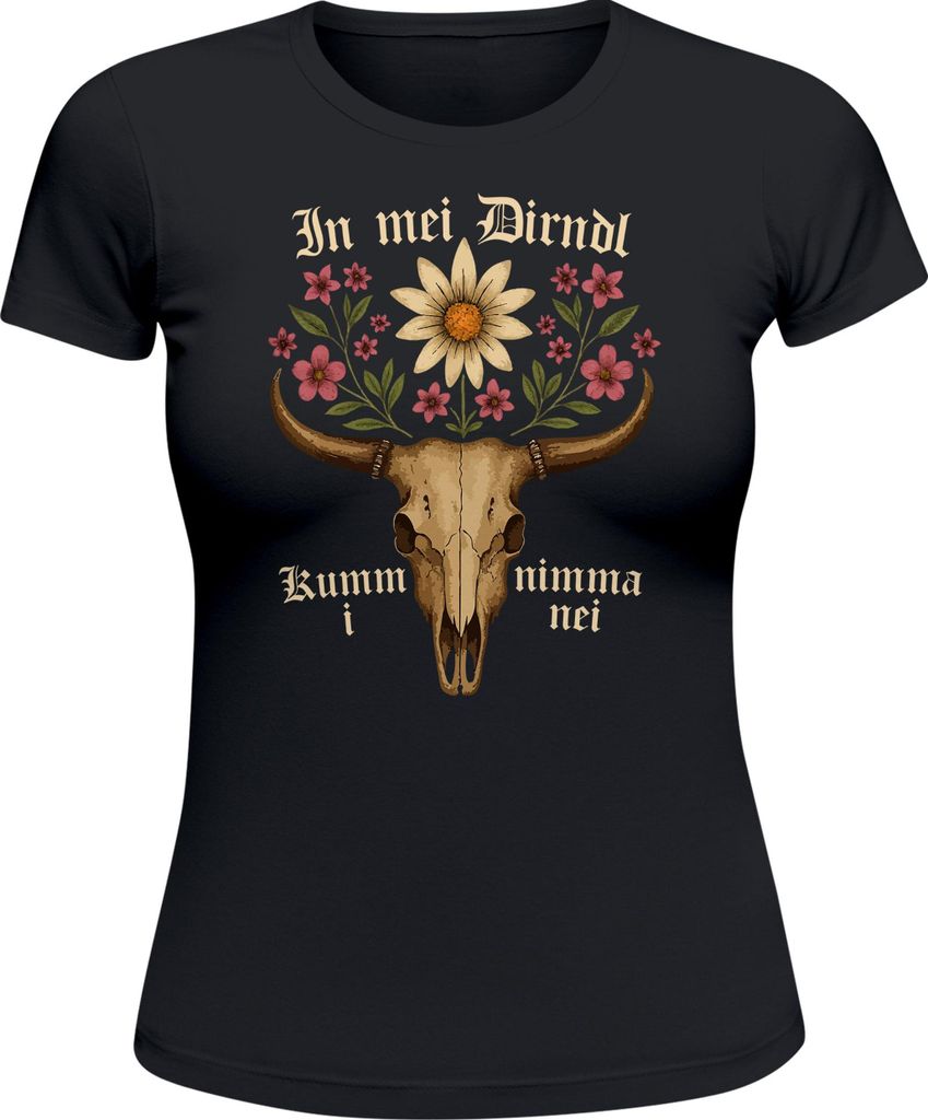 Damen T-Shirt für das Hirsch in mei Dirndl kumm i nimma nei Blumen Fun-Shirt Trachtenshirt Bierfest Outfit Statement Spruch Moonworks