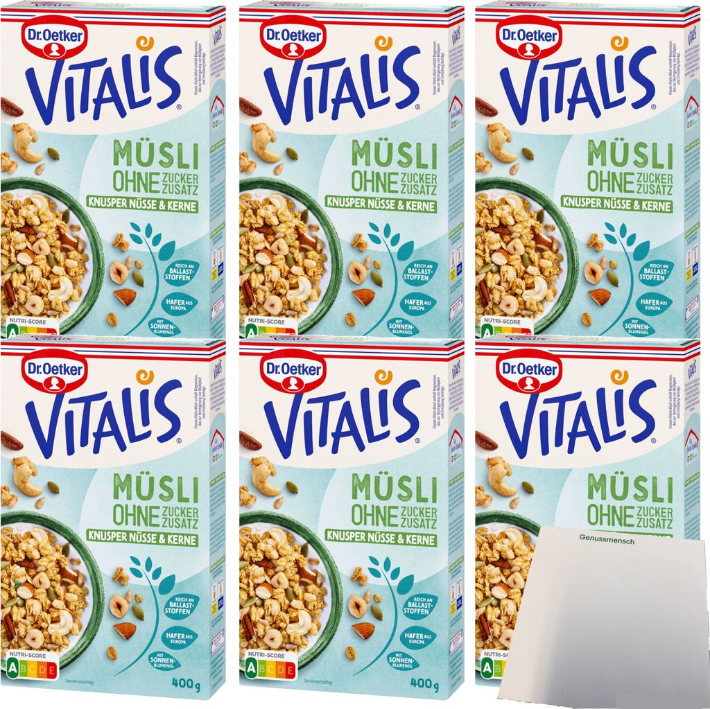 Dr. Oetker Vitalis Müsli Knusper Nüsse und Kerne ohne Zuckerzusatz 6er Pack (6x400g Packung) + usy Block