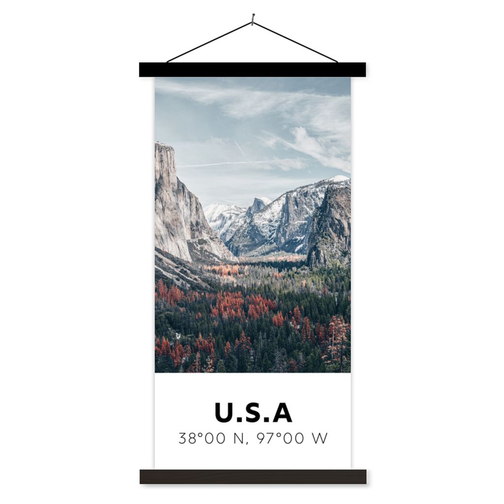 MuchoWow Textilposter Yosemite - Amerika - Wyoming - Wald - Berge 90x180 cm mit schwarzem Rahmen - Dekoration Wohnzimmer