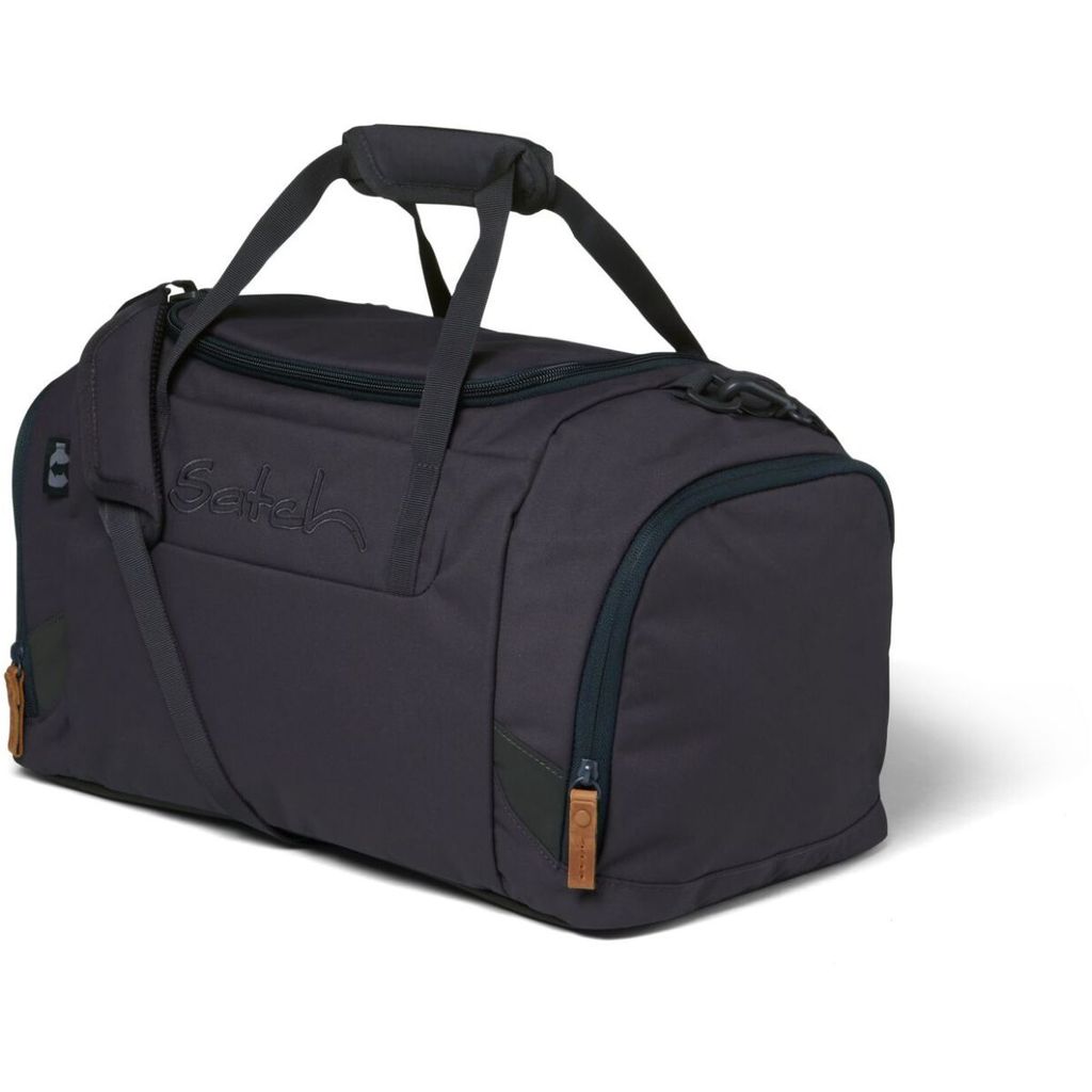 A dark gray duffel bag with brown accents, shown against a white background.