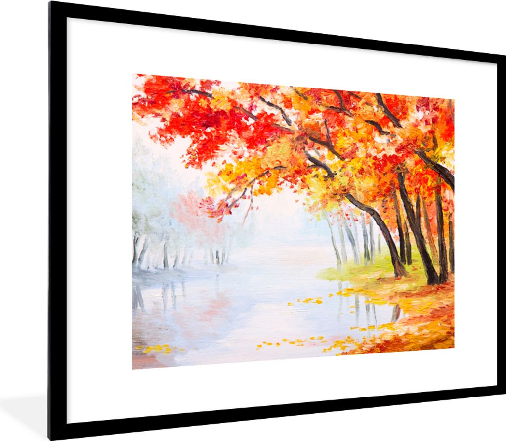 MuchoWow Gerahmtes Poster Gemälde - Herbst - Bäume - Wasser - Ölfarbe 80x60 cm - Poster mit Schwarzem Bilderrahmen Wandposter Rahmen Foto Bild...
