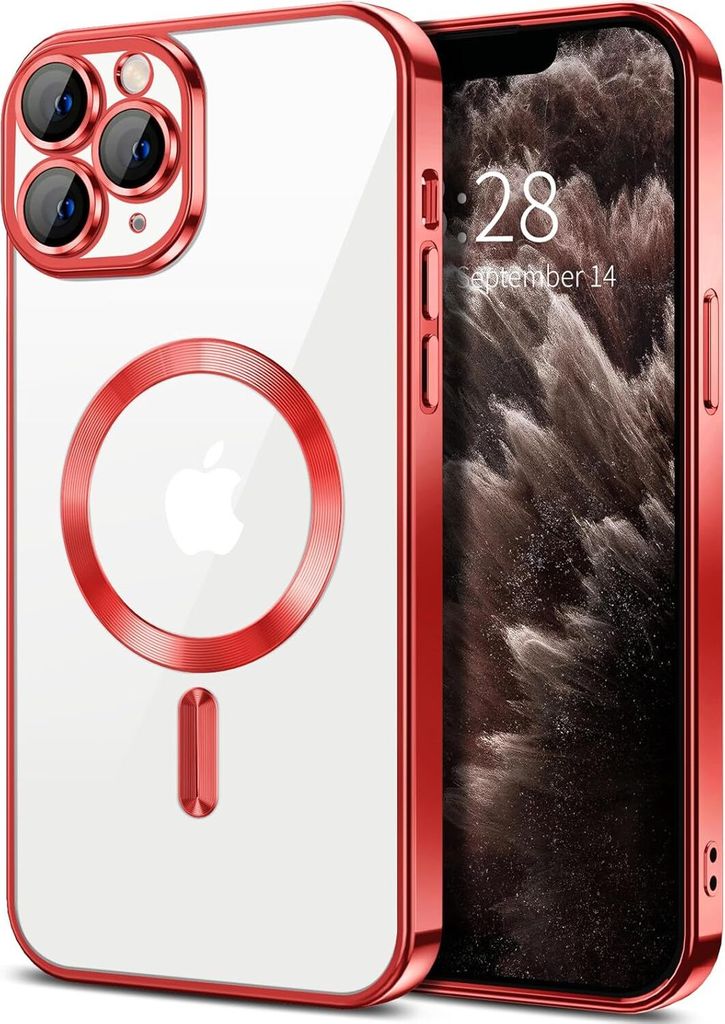 Magnetische Klar Hülle für iPhone 11 Pro, Kompatibel mit MagSafe, Elektroplattiert Handyhülle mit Kameraschutz Rot