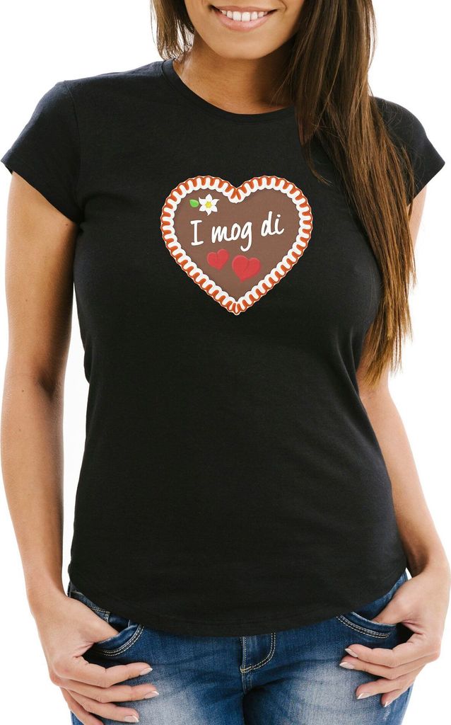 Damen T-Shirt Lebkuchen Herz Frauen Madl I mog di Spatzl Slim Fit Moonworks I mog di schwarz XXL
