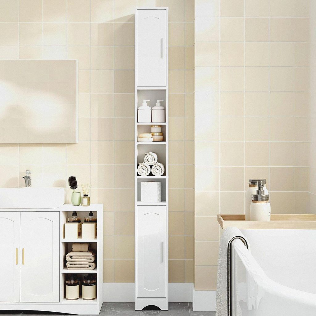 Badezimmerschrank, Badschrank Schmal Hoch, Hochschrank Badezimmer, Badschrank mit Offenen Fach und Tür, Verstellbaren Ablagen, Platzsparender Badr...