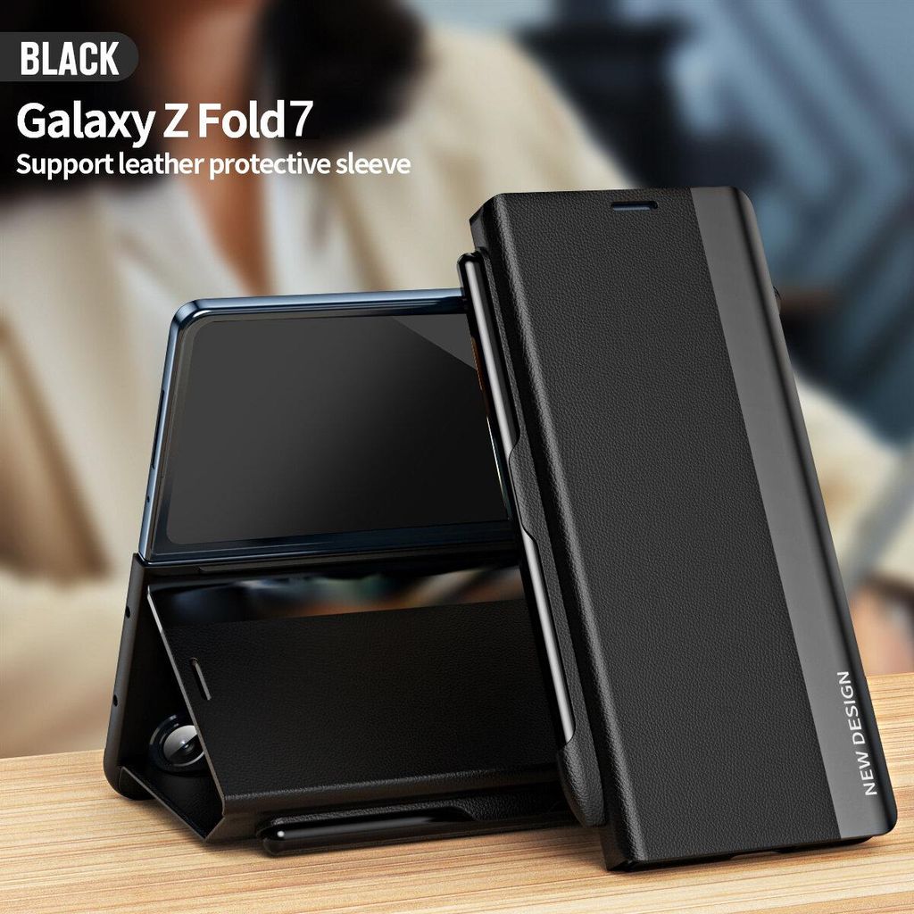 Galaxy Z Fold7 Hülle, Leder PolyurethanMagnetisch Klapp Stand Schutzhülle für Samsung Galaxy Z Fold 7 Schwarz
