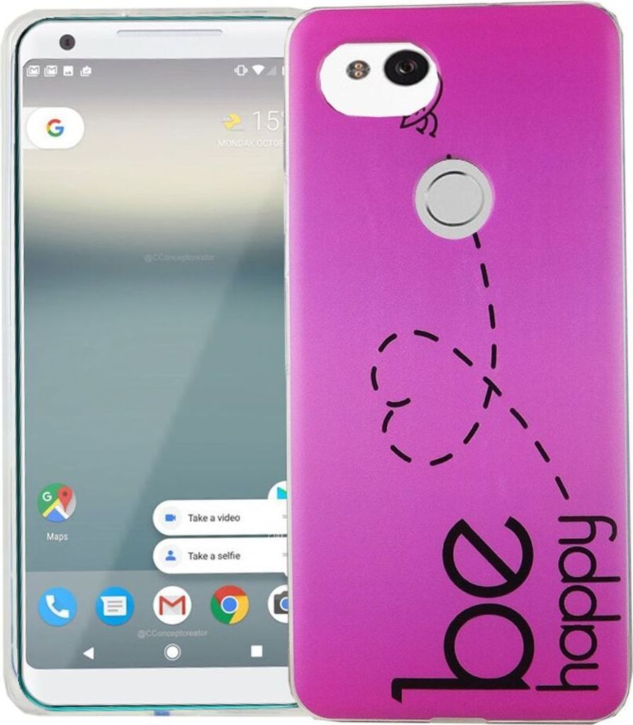 Handy Hülle für Google Pixel 2 XL Cover Case Schutz Tasche Motiv Slim Silikon TPU Be Happy Pink