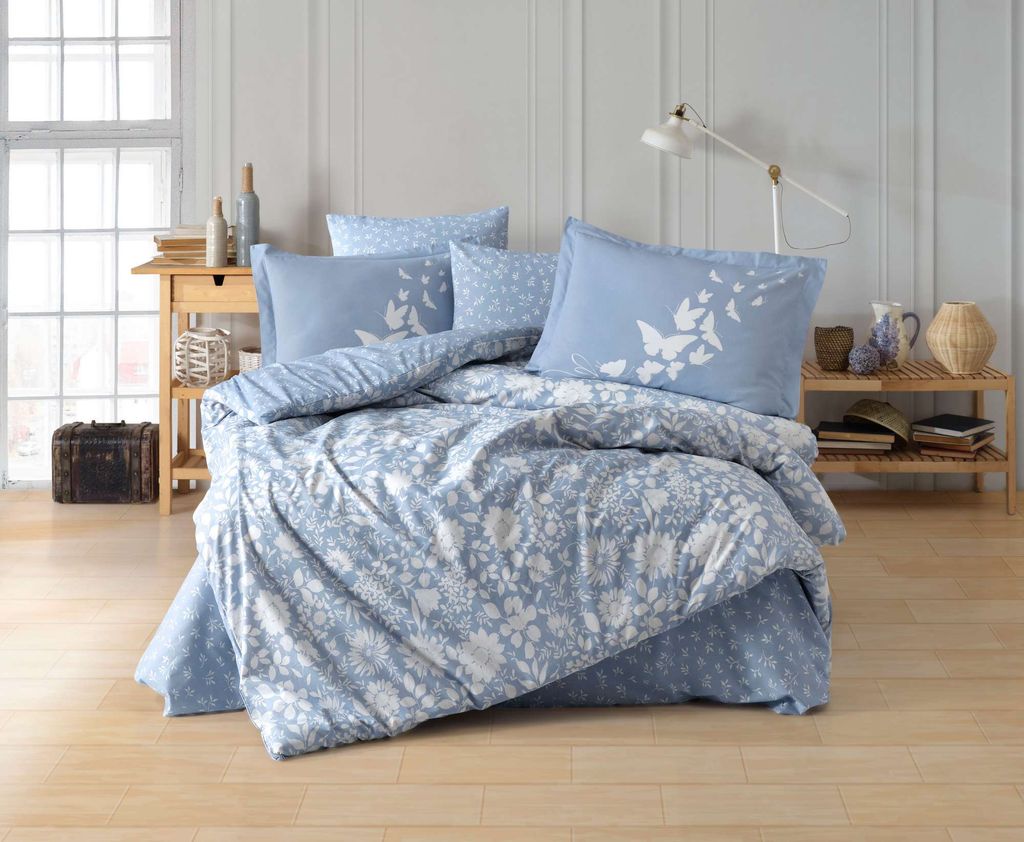L'Essentiel Linge de Maison, Hira v2 - Blue, Popeline-Doppelbettbezug-Set, Blau, 100 % BAUMWOLLPOPELINE, 200 x 220 cm