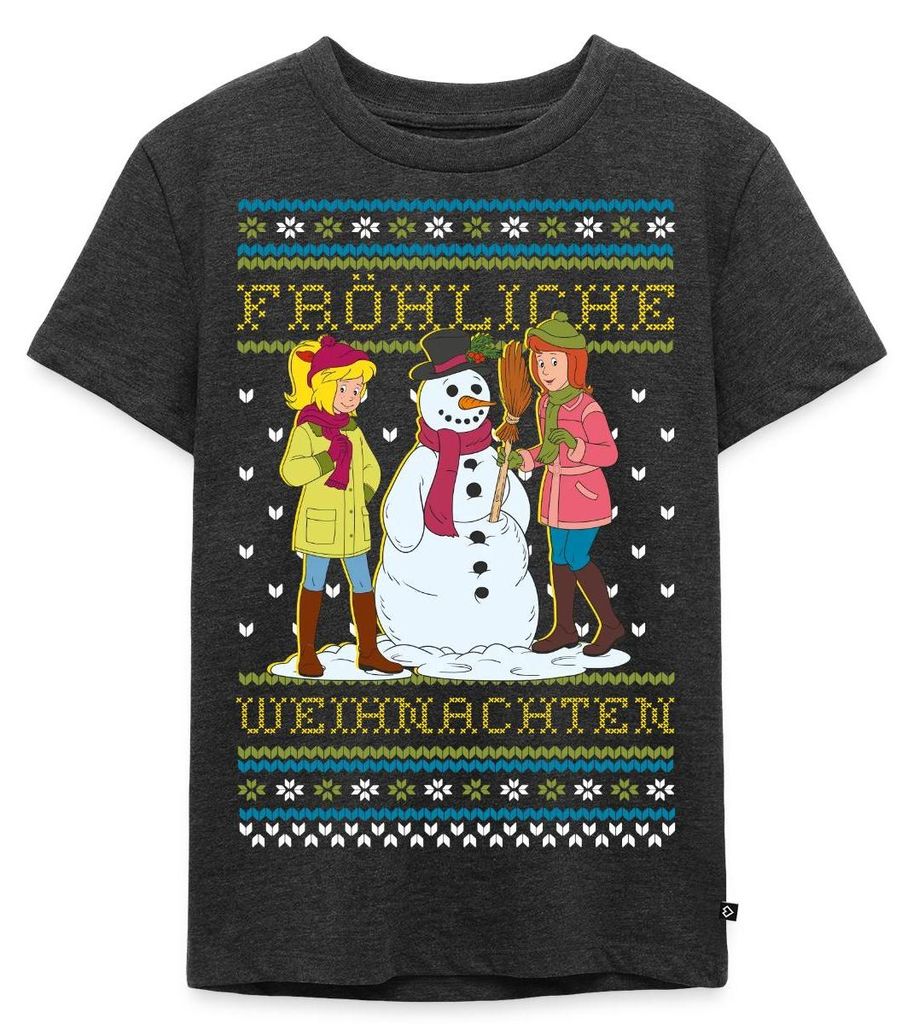 Spreadshirt Bibi Und Tine Fröhliche Weihnachten Ugly Christmas Kinder Premium T-Shirt, 134/140 (8 Jahre), Anthrazit meliert