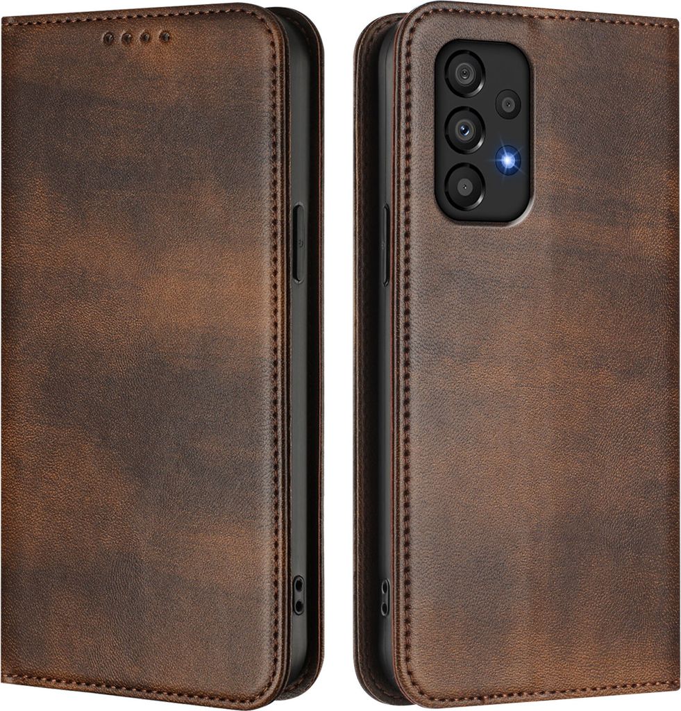 A brown leather flip case for a smartphone, shown from the front and back.