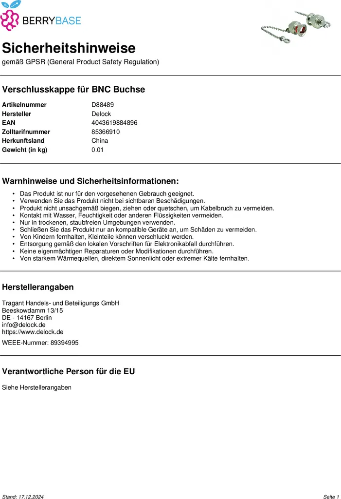 Tappo Protezione BNC Delock con Catenella | Ottone Nichelato HF - 3