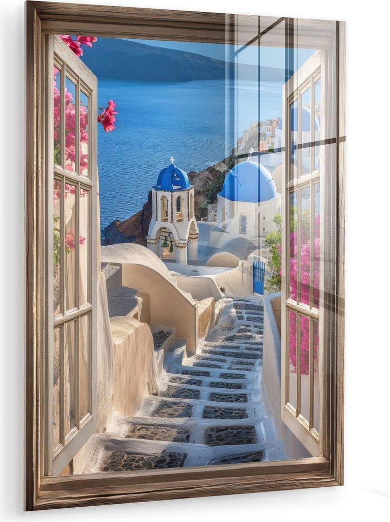 MuchoWow Glasbilder - Bilder auf Wandbild - Foto auf Glas Durchsichtig - Santorini - Landschaft - Blau - Griechisch 30x40 cm Wanddekoration aus Gla...