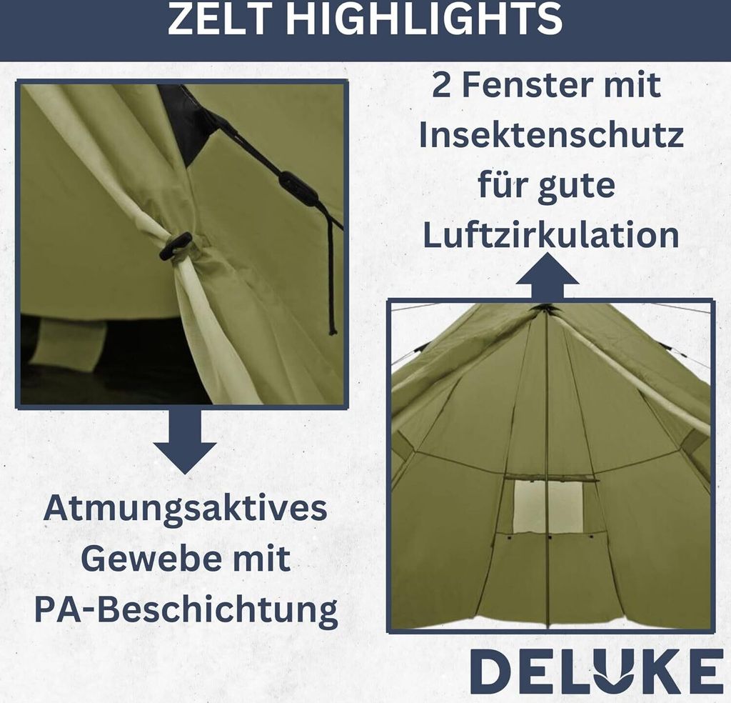 DELUKE® Campingzelt 4 Personen TIPI grün | regenfest, Produktbild 3