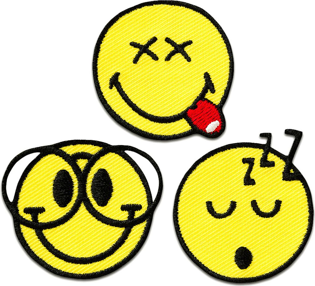 Set Smiley 3Tlg. Nerd - Aufnäher, Bügelbild, Aufbügler, Applikationen, Patches, Flicken, Zum Aufbügeln, Größe: Ø 3,5 cm
