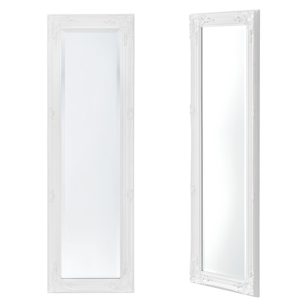 Two full-length mirrors with ornate white frames are displayed side-by-side against a white background.