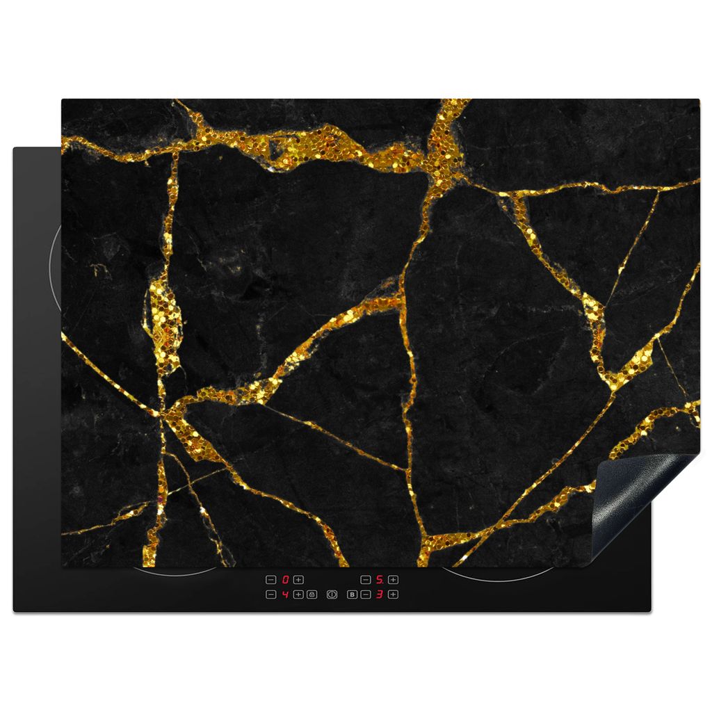 KitchenYeah Herdabdeckplatte Marmor - Gold - Schwarz - Marmoroptik - Glitter , 71x52cm, Küche Deko, Glaskeramikkochfeld Herdabdeckung, Abdeckpla...