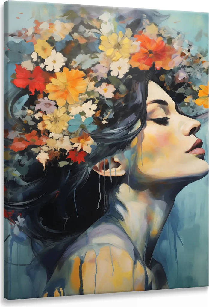 Quadro Muralo 80x120 Donna con Fiori Decorazione Parete Moderna