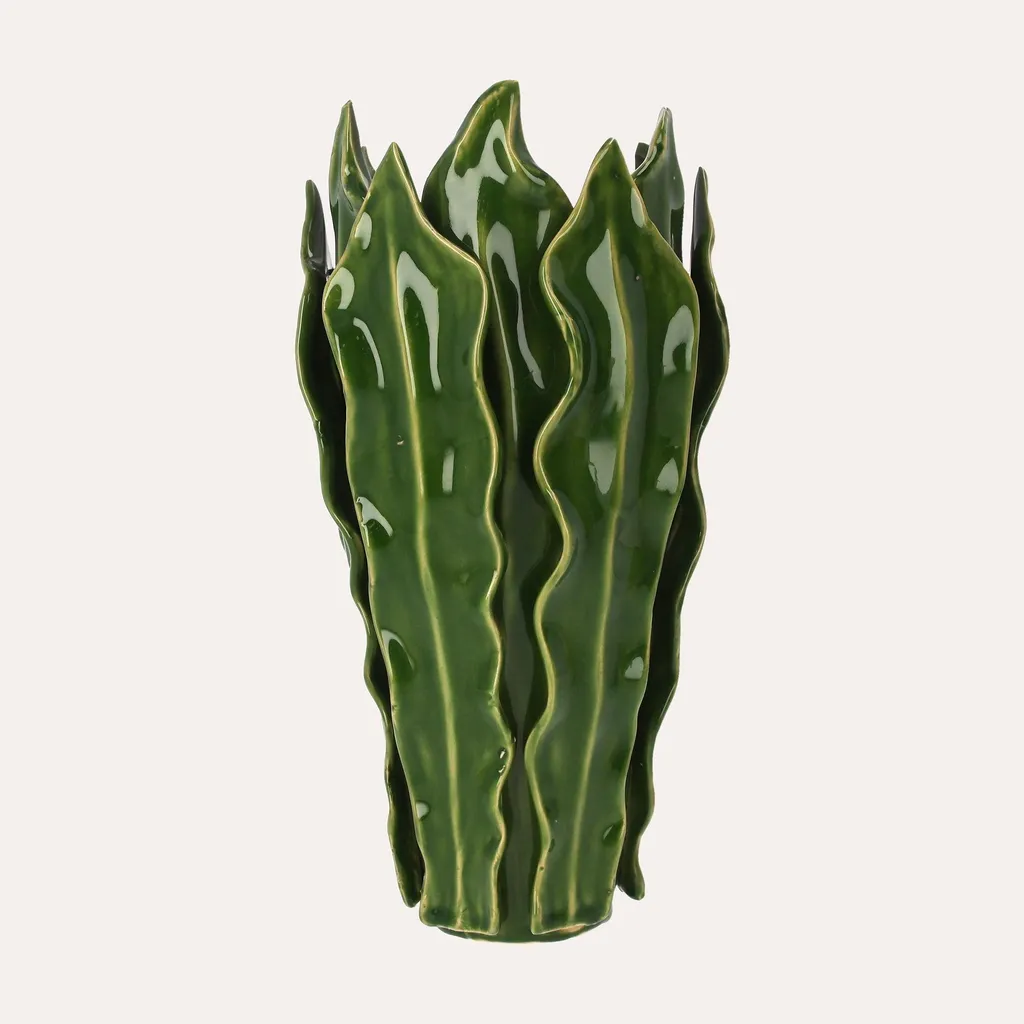 Grand vase en céramique motif feuillage vert 31 cm pour salon moderne