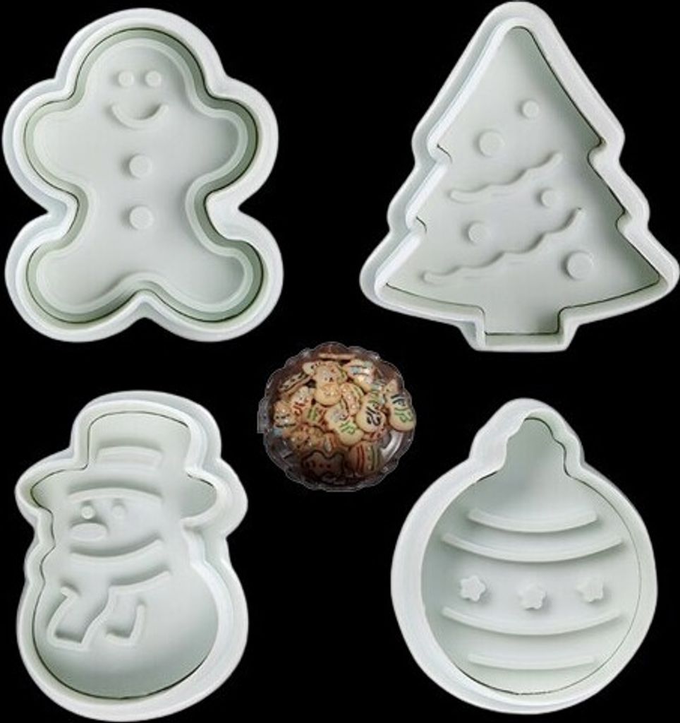 GKA 4 Stück Ausstechformen Weihnachten Keksausstecher 3D Plätzchenausstecher Stempel Ausstecher Schneemann Lebkuchenmann Tannenbaum Weihnachtskugel