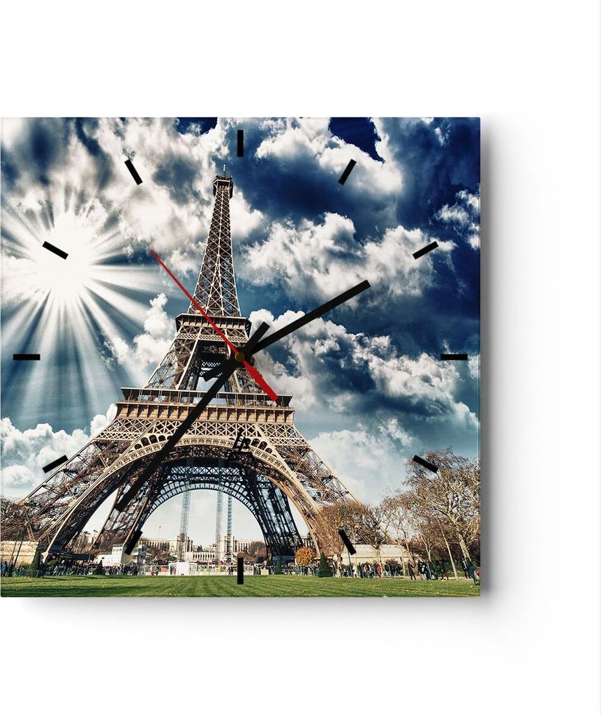 Wanduhr - Quadrat - Glasuhr - Architektur gebäude stadt eiffel - 40x40cm - Schleichendes Uhrwerk - Lautlos - zum Aufhängen bereit - Dekoration Mo...