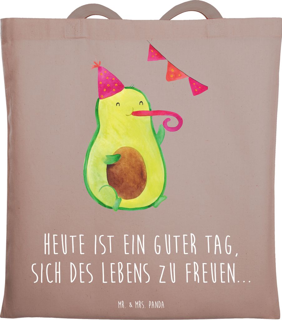 Mr. & Mrs. Panda Tote Bag Avocado Party - Braun Pastell - Geschenk, Jutebeutel, Schultasche, Happy Birthday, Shopping Tasche, stoff shopper, Geburt...