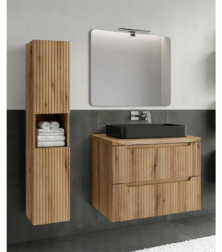 Badmöbel-Set 3-teilig mit LED-Spiegel & 80 cm Waschtisch in Eiche, gerillte Front, Baumkantenoptik - NEWPORT-56-EVOKE
