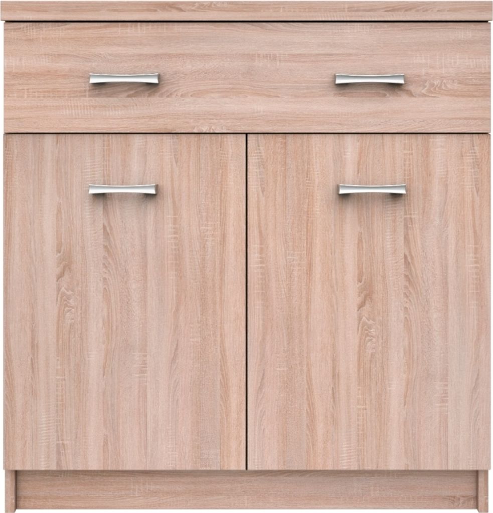 A front view of a light brown wooden cabinet with two doors and one drawer.
