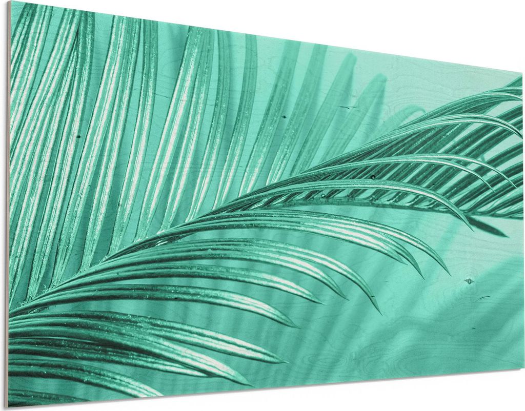 DEQORI Holzbild 100x50 cm 'Palmenspiel in Mint' Bild auf Holz Wandbild Kunstdruck