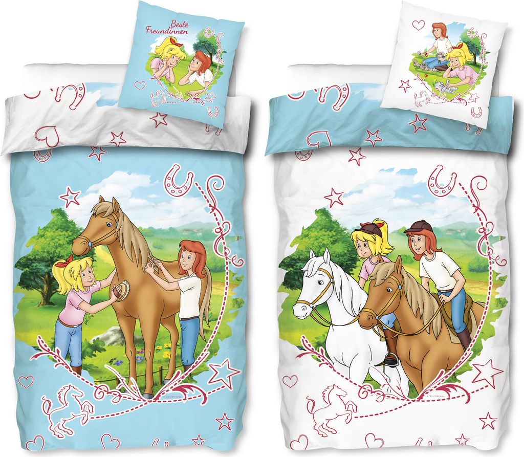 Two bedding sets with cartoon characters and horses.