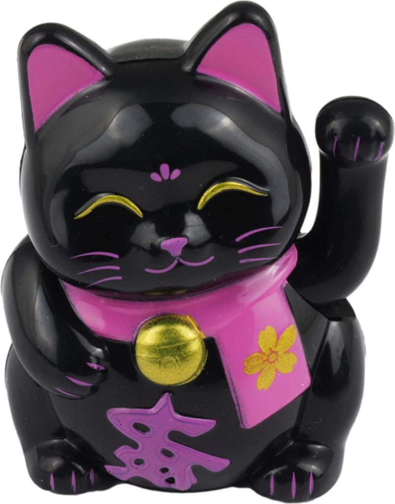 Glückskatze Mini Maneki-neko Wohlbefinden schwarz Solar 5cm Winkekatze Lucky cat