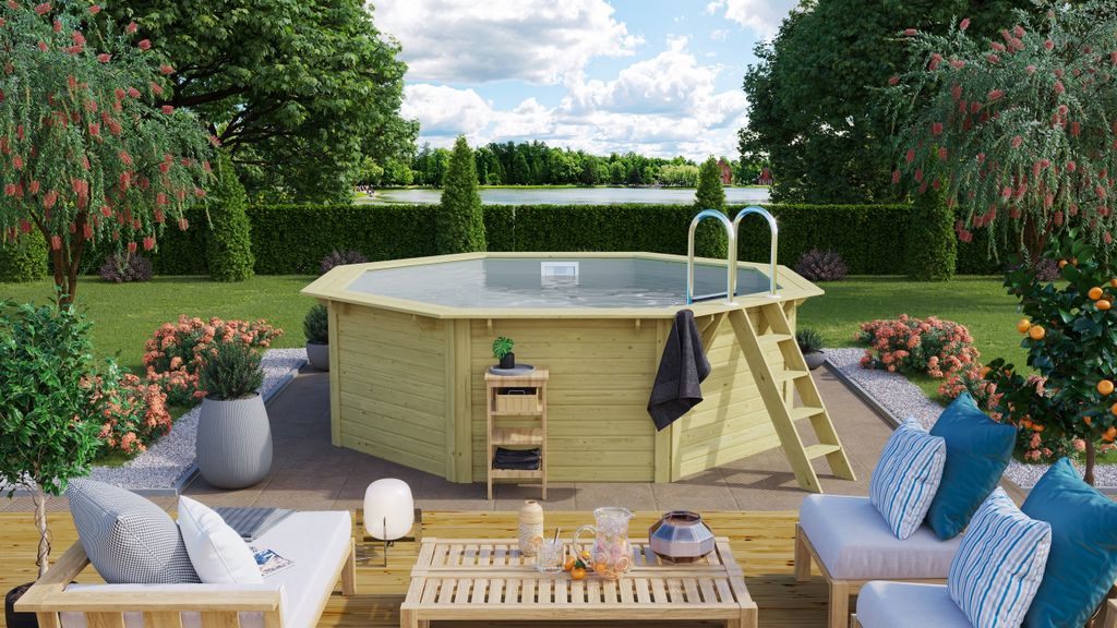 CHILLROI | Achteckiger Massivholzpool, 357,5 x 357,5 x 124 cm, Modell 1 X Folie grau | Inkl. Zubehör und Pool Leitern