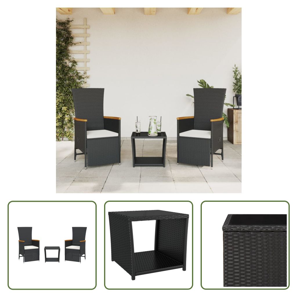 The Living Store 3-tlg. Garten-Essgruppe mit Kissen Schwarz Poly Rattan