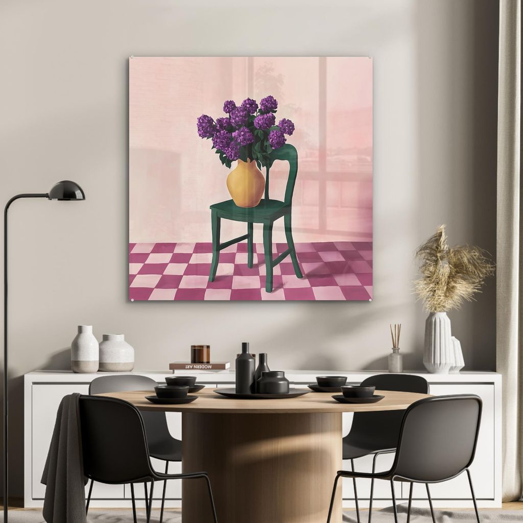 MuchoWow Glasbilder - Bilder auf Wandbild - Foto auf Glas Stuhl - Vase - Blumen - Blockiert 90x90 cm Wanddekoration aus Glas - Acrylglasbild - Acry...