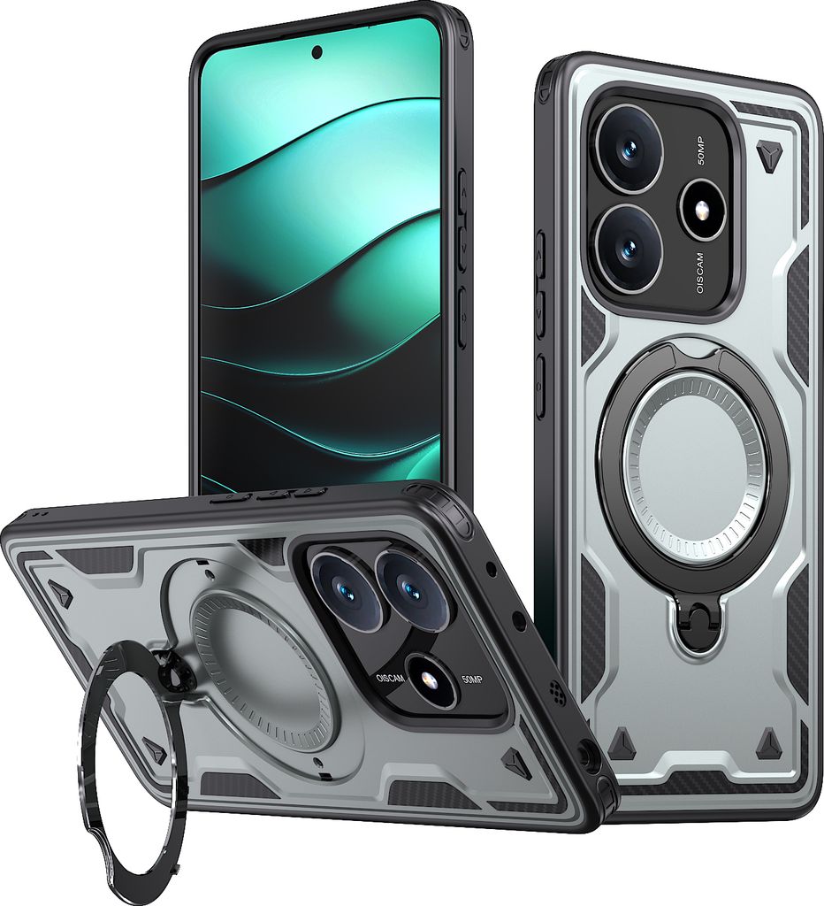 Dual Layer Hülle für Xiaomi Redmi Note 14 4G Metall Ring Ständer Magnetisch Stoßfest Militär Handyhülle Grau